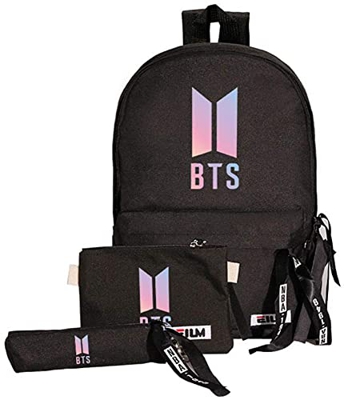 BTS - Juego de 3 Mochilas de Dibujos Animados, Mochilas Escolares, Estuches y Bolsos para Hombro, Unisex, Casual, para Fans de BTS Negro Negro 45 * 31