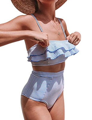 heekpek Bikini con Volantes a Rayas Top Palabra de Honor Relleno Braga Talle Alto para Mujer