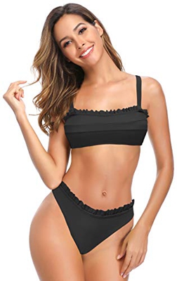 SHEKINI Conjunto De Bikini Bandeau Para Mujer Con Volantes Braguitas De Bikini De Cintura Baja Mankini De 2 Piezas Traje De BañO Acolchado Para Pechos