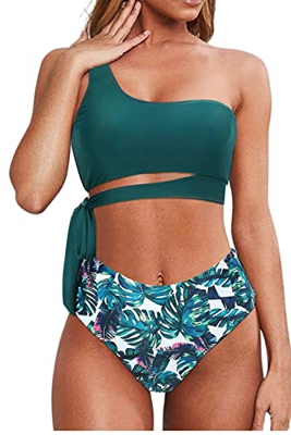 Rayson Trajes de Baño Mujer de 2 Piezas Bikini Push Up Bañador Talle Alto Control de Barriga Bandeau Push Up Solo Hombro Bikinis Brasileños Mujer