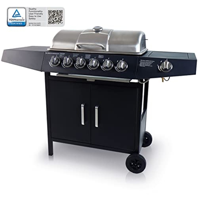 CCLIFE Barbacoa Gas 4+1/6+1 Quemadores BBQ Parrilla Barbacoa Gas con Bandeja de Goteo Aceite y Mesas laterales y Tapa y Ruedas, para Jardin, Terraza, 
