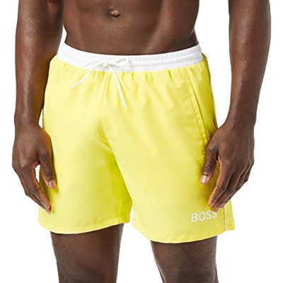BOSS Contrast-Logo Swim Shorts in Recycled Material Bañador, Bright Yellow, L para Hombre