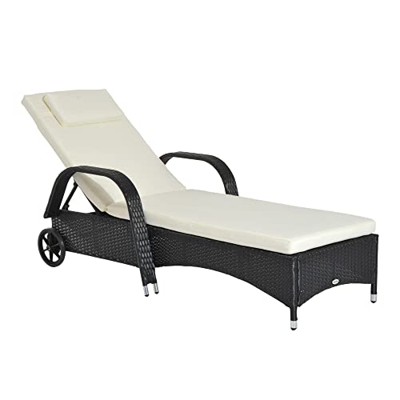 Outsunny Tumbona de Ratán de Jardín Chaise Longue con Respaldo Ajustable en 5 Posiciones Cojines Acolchados Reposacabezas y 2 Ruedas 200x73x72-103 cm 