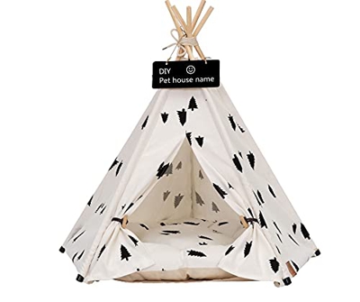 Scnbom Tienda de campaña Mascotas Perros Gatos Casas Tipi Colchón Cama para Pets Teepee Dog extraíble y Lavable (L:60X60X70CM,Pino Negro)