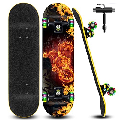 Tabla de Skate Completo Skateboard Niños Monopatin Maple 79 x 20 cm con Rodamientos ABEC-7 y Juego de Herramientas T