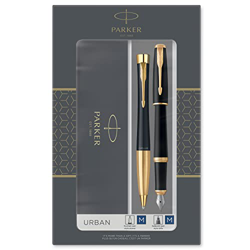 Parker Urban set de regalo doble con bolígrafo y pluma estilográfica, negro tenue con adorno dorado, cartucho y recambio de tinta azul, estuche de reg características