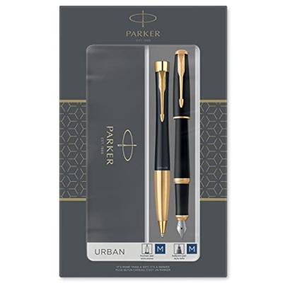 Parker Urban set de regalo doble con bolígrafo y pluma estilográfica, negro tenue con adorno dorado, cartucho y recambio de tinta azul, estuche de reg