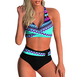 CheChury Mujeres Cintura Alta Conjuntos de Bikini Sexy Push Up Cuello en V Cruzado Conjunto de Natación Retro Estampado Traje de Baño precio