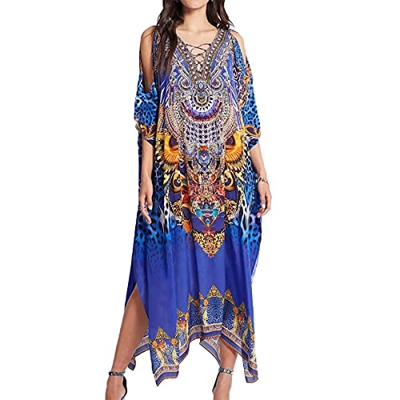 Snyemio Kaftan Vestido Largo de Playa Mujer Maxi Pareo Floral Verano Túnica Boho Talla Grande Kimono, Color 12, Talla única