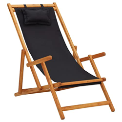 vidaXL Madera Maciza de Eucalipto Silla de Playa Plegable Asiento Reclinable Piscina Camping Hamaca Tumbona Jardín Patio Balcón Tela Negra en oferta