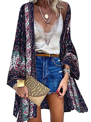 ZANZEA Mujer Gasa Cárdigan Floral Kaftan Playa Kimono Pareos Bohemia Suelto Verano Cover Up Blusa Homewear Tops Bohe Azul Oscuro S