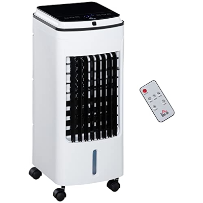 HOMCOM Enfriador de Aire con Ruedas Aire Acondicionado Humidificador con Depósito 4L Control Remoto 3 Modos 3 Velocidades Temporizador 7,5h y Pantalla