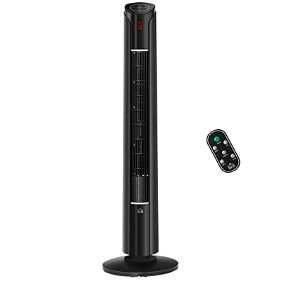 HOMCOM Ventilador de Torre Altura 107 cm 45W con Mando a Distancia 3 Velocidades 4 Modos Oscilación de 70° Pantalla LED Táctil y Temporizador 12h Sile