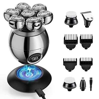 Beedove Afeitadora Electrica Hombre, 6 In 1 Afeitadora Cabeza Hombre con 7 Cabezas Rotativa Máquina de Afeitar Impermeable Uso en Húmedo y Seco USB Re