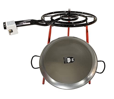 Kit Paellero, Quemador a Gas butano, paellera acero pulido, regulador de Gas + 1,5 metros de Manguera, soporte de 3 Patas reforzadas (70)