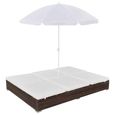 vidaXL Tumbona con Sombrilla Jardín Mueble Hamaca con Parasol Piscina Asiento Sofá Exterior Patio Terraza Ratán Sintético Marrón Material Tipo Mimbre