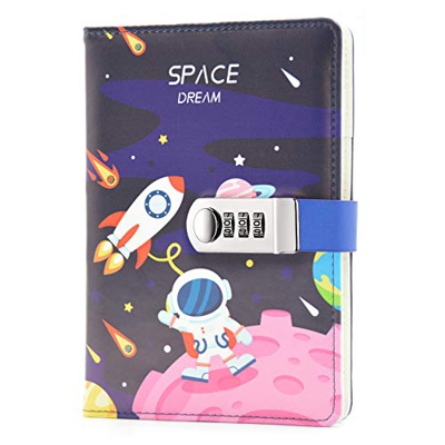 Lirener Creativo PU Notebook Código Libro con la Cerradura(Tema Espacial), A5 Password Notebook Contraseña Bloc de Notas Secret Diary Sketchbook Organ