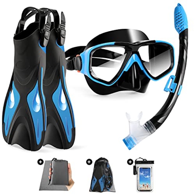 Odoland Snorkel Kit 6 en 1 para Niños y Adolescentes de 9 a 16 Años con Aletas Natación, Gafas Buceo Antifugas y Tubo Snorkel Dry Top, Equipo de Snork