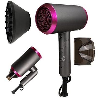 Secador de pelo de iones de 1800 W, profesional, para familia y peluquería, secador de pelo de viaje, plegable, color gris, con 1 difusor y 1 boquilla