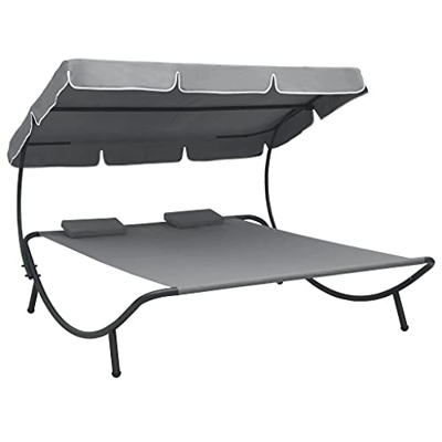 vidaXL Tumbona Doble de Jardín con Toldo y Cojines Asientos Cama de Exteriores para Sol para Descansar Dormir Jugar en Playa Parque Parasol Gris