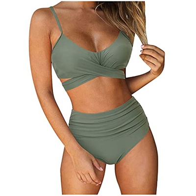 Jarseila Traje de Baño de Mujer 2 Piezas Crossover Conjuntos de Bikinis Mujer con Relleno Push Up Tops Bikini Cintura Alta Ropa de Baño 2022, Verde, X