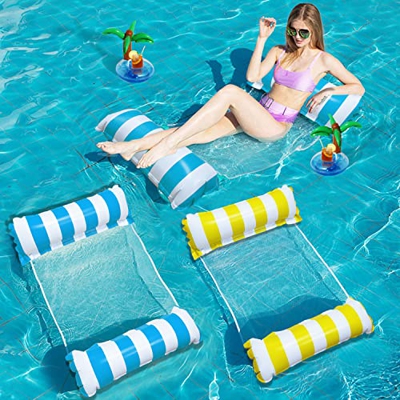 Auflosung Colchoneta Piscina Tumbona, 2 PCS Hamaca Flotante, 4 en 1 Pool Colchón Hinchable, Flotador Piscina Playa Cama de Agua Flotador de Malla Tumb