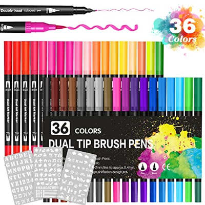 Dvifzu Rotuladores Lettering 36 Colores, Profesionales Pincel Doble Punta Fina Gruesa, Rotuladores Acuarelables y 3 Plantillas para Niños y Adultos Le