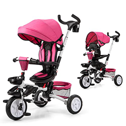 COSTWAY Triciclo para Niños Multiuso con Techo Ajustable y Extraíble Cinturón de Seguridad Silla de Paseo con Varilla de Empuje y Pedal Plegable para  precio