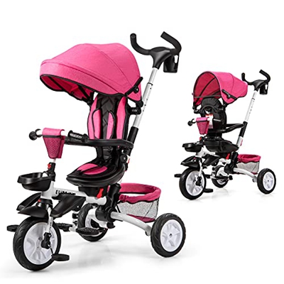 COSTWAY Triciclo para Niños Multiuso con Techo Ajustable y Extraíble Cinturón de Seguridad Silla de Paseo con Varilla de Empuje y Pedal Plegable para 