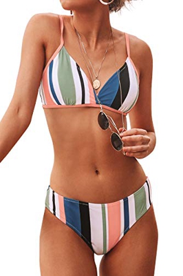 CUPSHE Conjuntos de Bikinis Rayas Amplias Traje de Baño de Dos Piezas,L