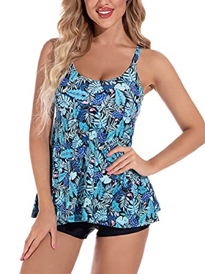 heekpek Traje de Baño Mujer Dos Piezas Flores Impresión Tankini Push Up Vest y Short Conjunto de Bañador Mujer