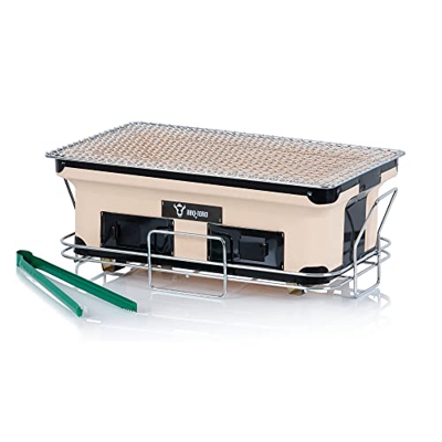 BBQ-Toro Hibachi - Barbacoa de mesa de cerámica, 45 x 25 x 16 cm, con rejilla de carbón vegetal, parrilla de acero inoxidable y soporte, incluye pinza