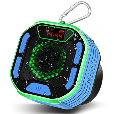 Altavoz de Ducha Bluetooth 5.0, IPX7 Altavoz Inalámbrico Portátil a Prueba de Agua Radio de Ducha con Pantalla LED Ventosa, Luces de Colores, 66Pies c