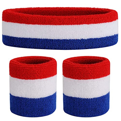 ONUPGO Juego de muñequeras para niños – Banda deportiva de algodón para deportes (1 diadema + 2 pulseras) (rojo/blanco/azul)