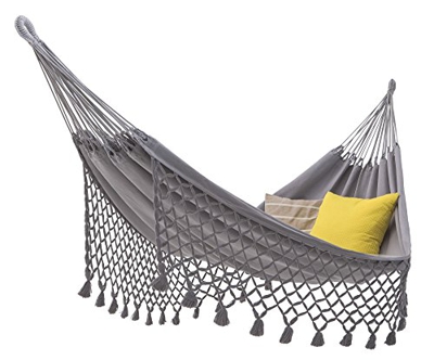 ecomundy Romance Bio XL 360 Gris - Hamaca Doble Premium con Flecos - Tejida a Mano - algodón orgánico - Gots - 160x240x360cm