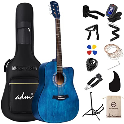 ADM Guitarra acústica 4/4 Principiantes adultos Guitarra occidental Principiante Set Azul con 13 accesorios (41 pulgadas, cuerdas de acero)