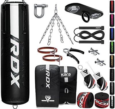 RDX Saco de Boxeo Adulto Relleno 5ft 4ft, 13PC Cuero Maya Hide Anti Swing Punching Bag Set con Guantes, Gancio, Bolsa Pesada para Artes Marciales Muay