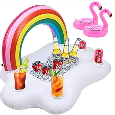 Ndaabaer Soporte hinchable para bebidas, para piscina, arco iris, incluye 2 soportes para vasos de flamenco, soporte para bebidas flotantes para fiest