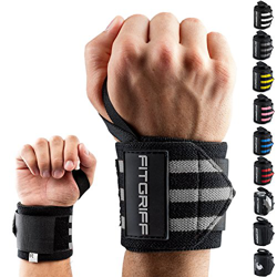Fitgriff® Muñequeras Gym, Deportivas, Musculación, Gimnasio, Calistenia, Wrist Wraps - Mujeres y Hombres - Black/Grey en oferta