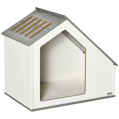 PawHut Casa de Madera para Perros Interior Caseta para Mascotas con Cojín Desenfundable Lavable y 5 Ventilaciones 84,5x54,5x75 cm Blanco