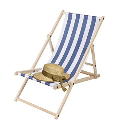 Randaco Tumbona plegable de madera, silla de camping, tumbona de playa desmontable para el jardín, terraza y balcón, máx. 120 kg (rayas azules y blanc