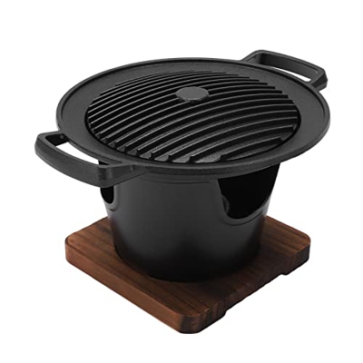 Mini Parrilla de Carbón, Parrilla Hibachi Pequeña Portátil de 7 Pulgadas con Base de Madera, Parrilla Japonesa Coreana Yakiniku, Parrilla de Mesa para