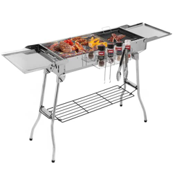 Barbacoa de carbón vegetal (122 x 30 x 73 cm), con carro, barbacoa de carbón vegetal con sartén de hierro fundido, parrilla plegable de acero inoxidab precio