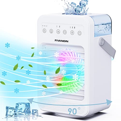 FIVANGIN Aire Acondicionado Portatil, 5 en 1 Enfriador de Aire Silencioso Mini Refrigerador de Aire Ventilador Humidificador con 3 Timer, Oscilación d