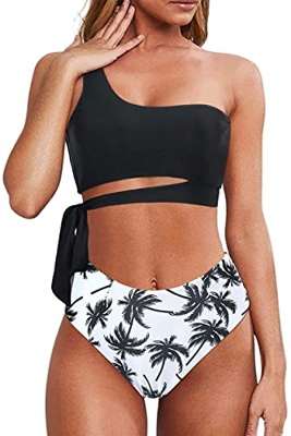 Rayson Trajes de Baño Mujer de 2 Piezas Bikini Push Up Bañador Talle Alto Control de Barriga Bandeau Push Up Solo Hombro Bikinis Brasileños Mujer