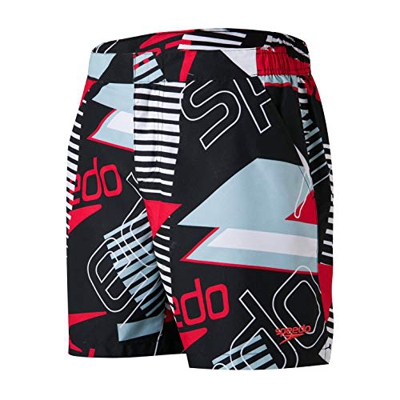 Speedo Hombres Shorts de baño Vintage Paradise de 16", Negro/Blanco/Sky Blue/Lava Red, M