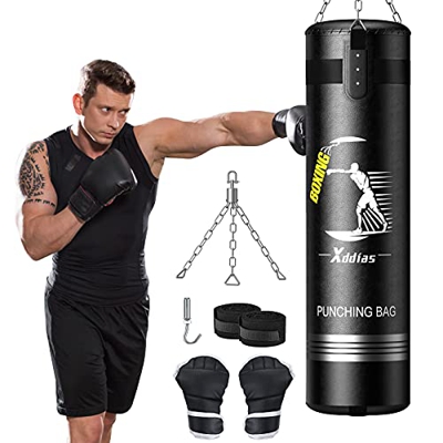 XDDIAS Sacos Pesados de Boxeo,110 * 30 cm Relleno Saco Boxeo Colgante para Adultos MMA Fitness con Guantes de Boxeo,Vendas y Cadenas para Colgar