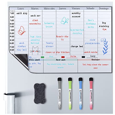 POPRUN Planificador semanal magnetico, Pizarra calendario semanal frigorífico magnético familiar,organizador calendario semanal,limpiable, 43×28cm - e
