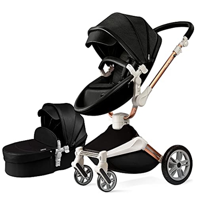 hot mom Cochecito de bebé, cuero Pu, asiento ajustable, cesta de dormir y combinación de asiento cochecito multifuncional，negro