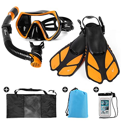 Odoland Snorkel Kit 6 en 1 con Gafas Buceo Vista Panorámica de 180° Tubo Snorkel Dry Aletas Manta Playa Bolsa Funda Impermeable, Kit Gafas Snorkel y T